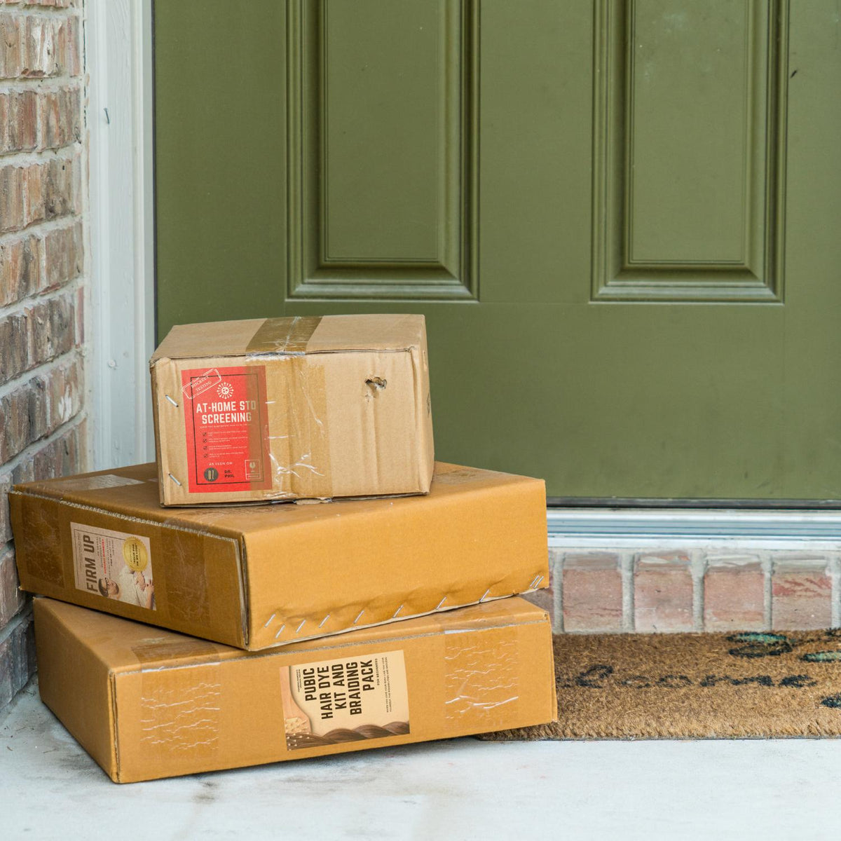 a view of how the prank package looks when sitting on the doorstep