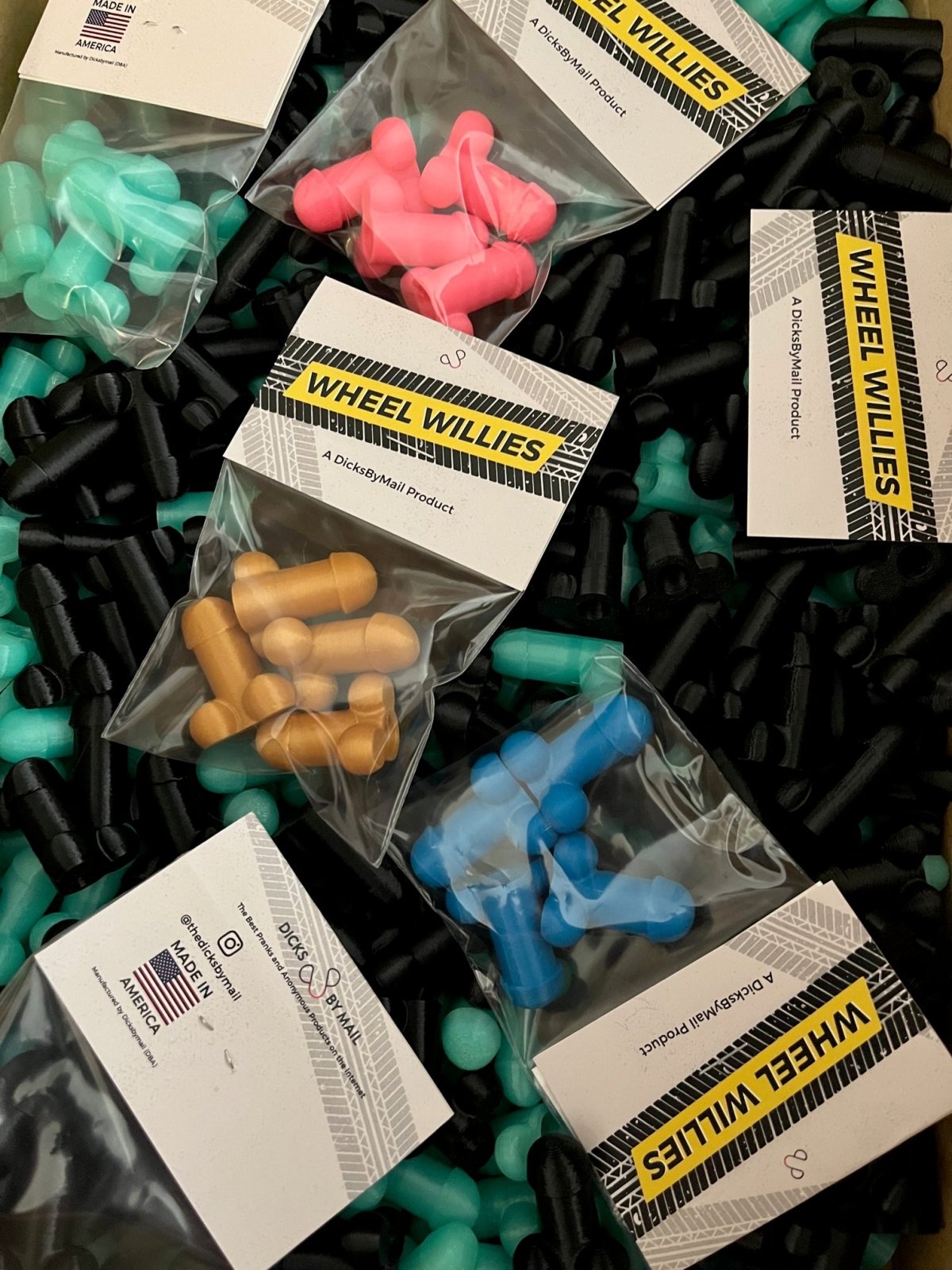 Wheel Willies - Hilarious Weiner Valve Caps - Dicks By Mail - Anonymously mail a bag of dicks